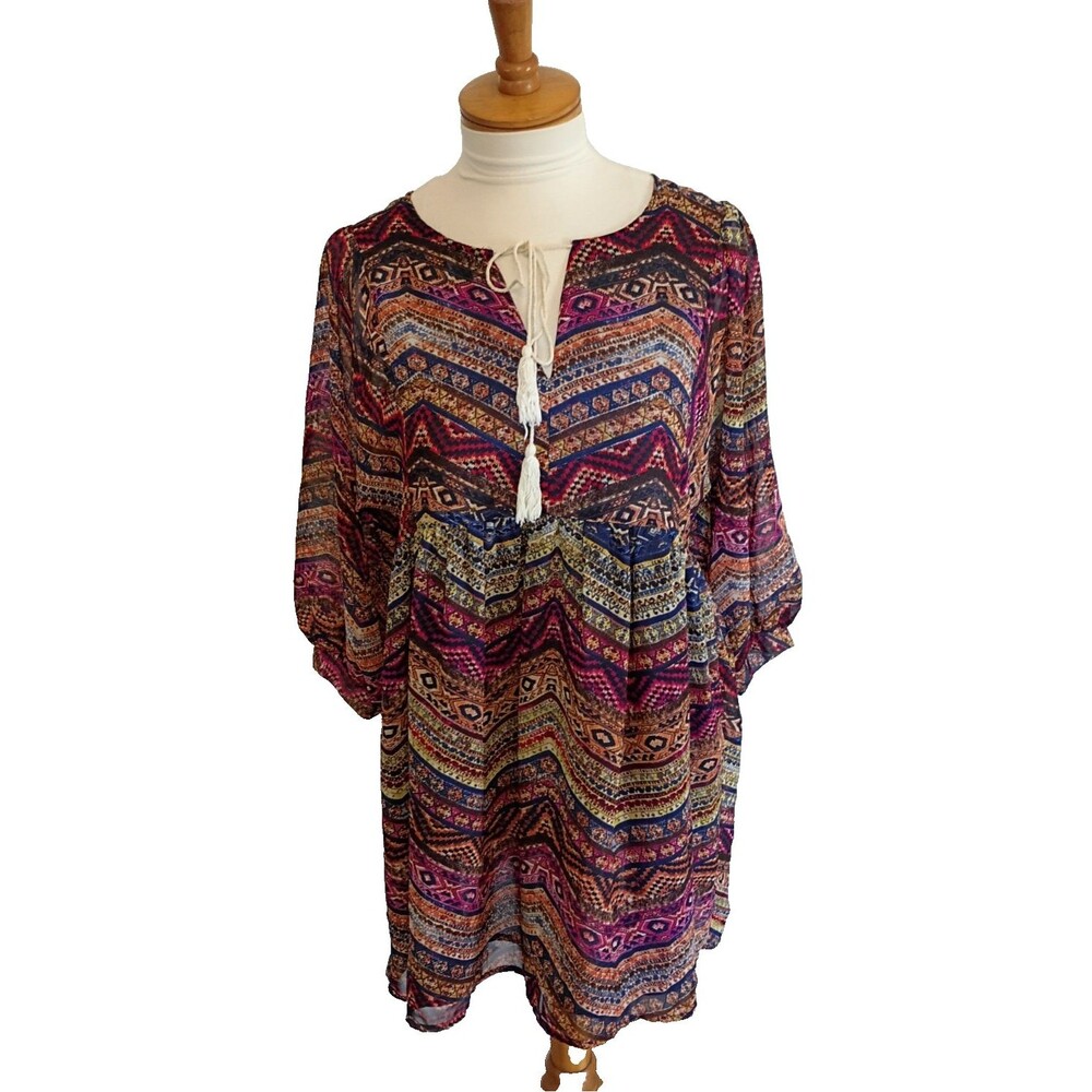 Umgee Babydoll Print Dress with tie front  Dolman Sleeves Size M